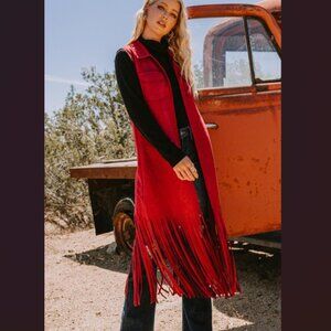 O2 Oddi Red Faux Suede Red Fringe Vest